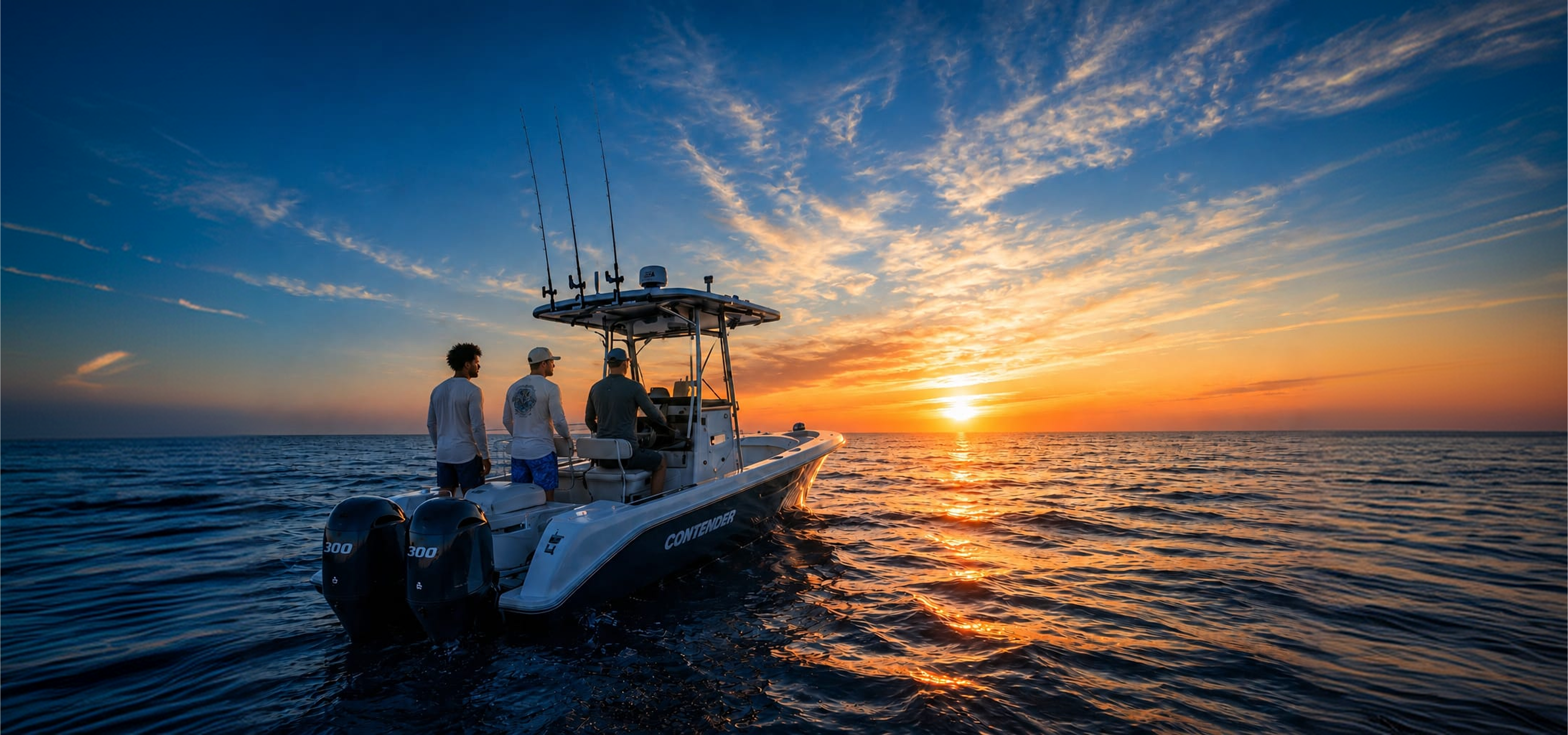 Anglers heading offshore at sunset
