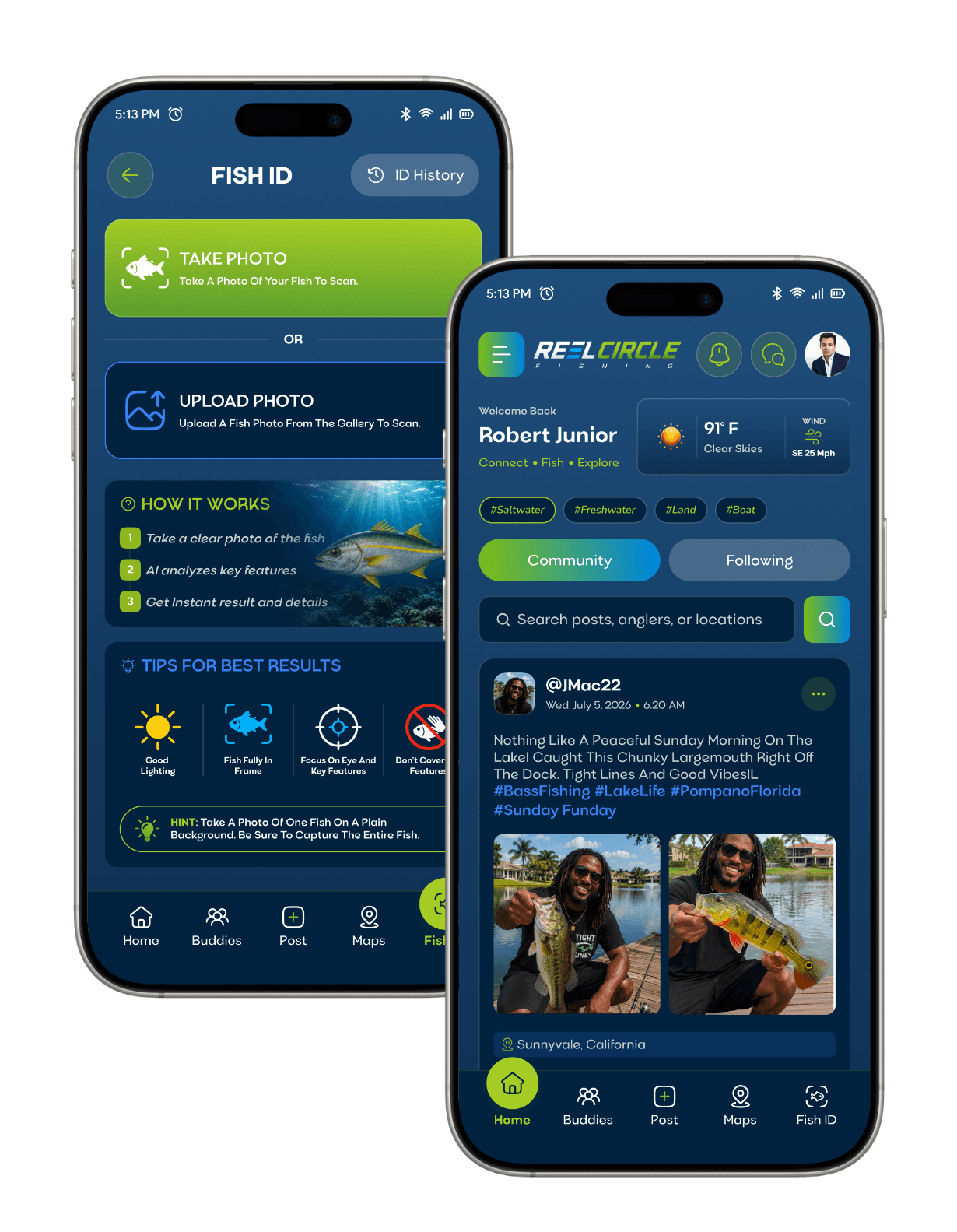 ReelCircle Fish ID and community app screens