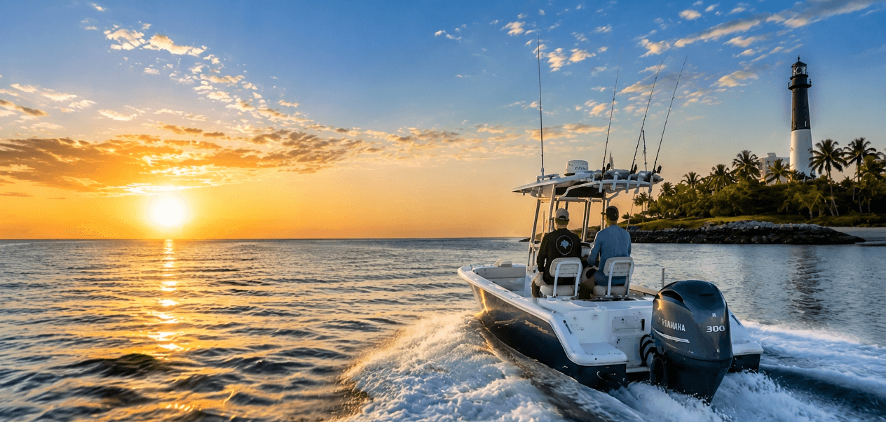 Anglers on boat cruising past lighthouse at sunset